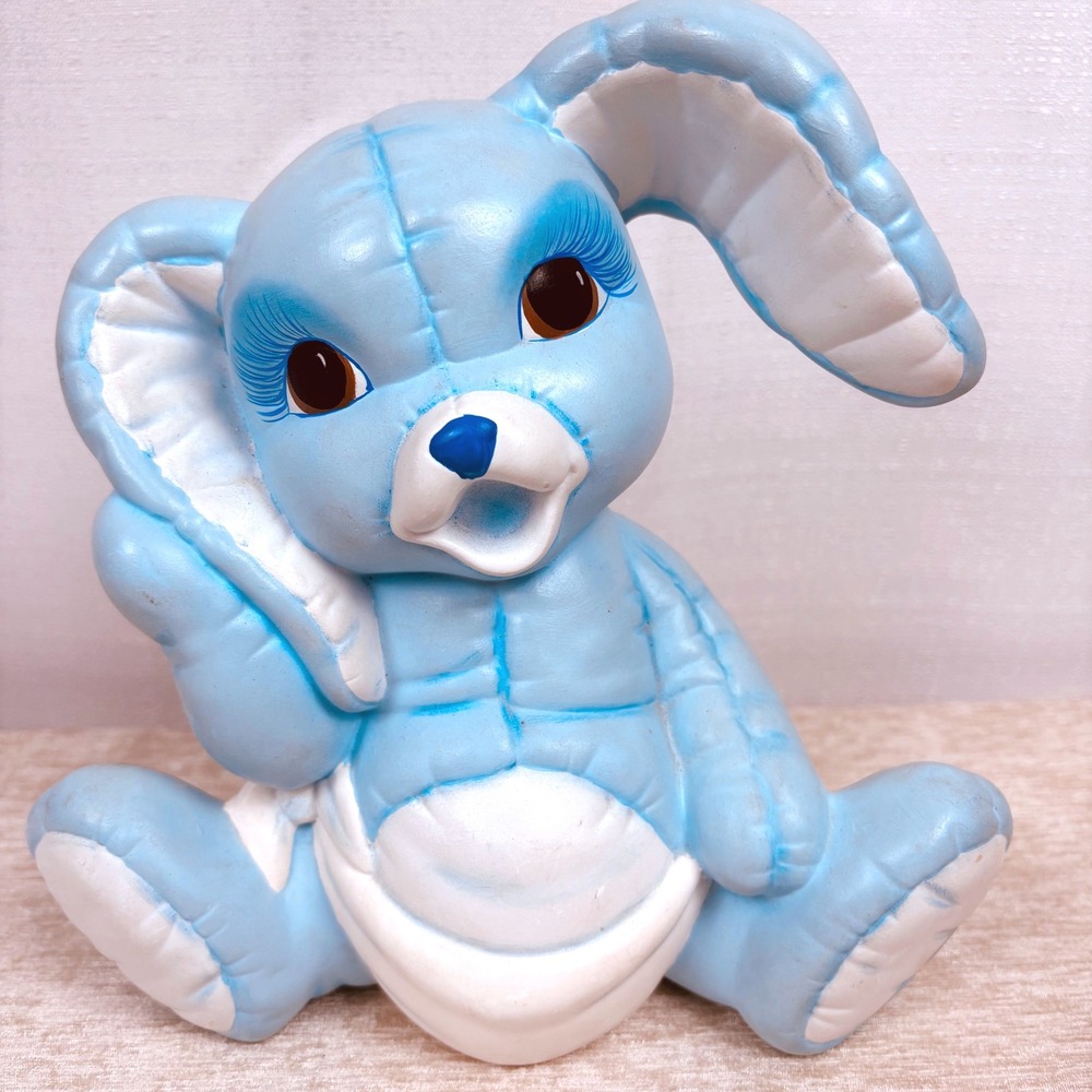 Vintage 1987 Kimple Ceramic Hand Painted Blue Quilted Bunny Piggy Bank 9"